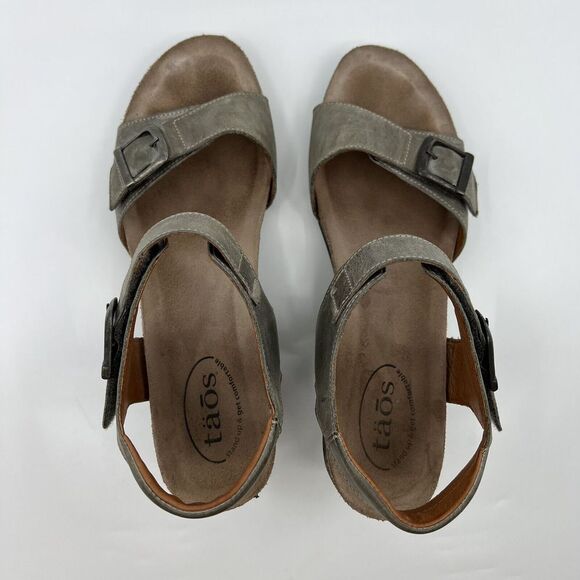 TAOS Buckle Up Wedge Sandals‎ Leather Gray Women 41 10-10.5 Cork Comfort - Picture 5 of 13